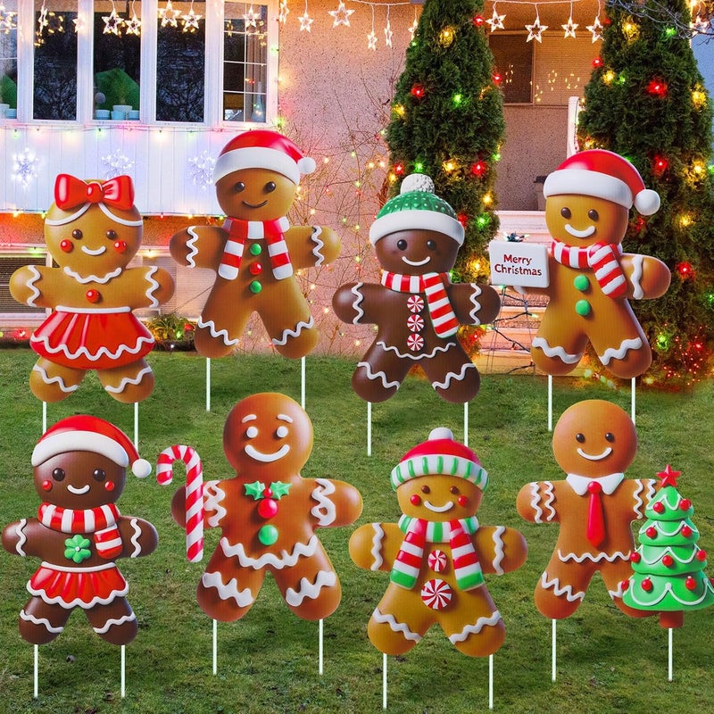 Memorywuu 8 Pcs Christmas Gingerbread Man Yard Signs with Stakes Outdoor 3D Gingerbread House Decoration Xmas Yard Stakes Lawn Signs for Christmas Holiday Pathway Garden Patio Party Favors(Classic) - Image 1